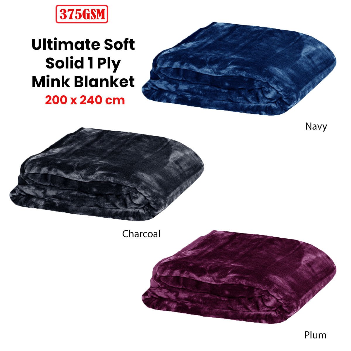 375gsm 1 Ply Solid Faux Mink Blanket Queen 200x240 cm Navy - Newstart Furniture
