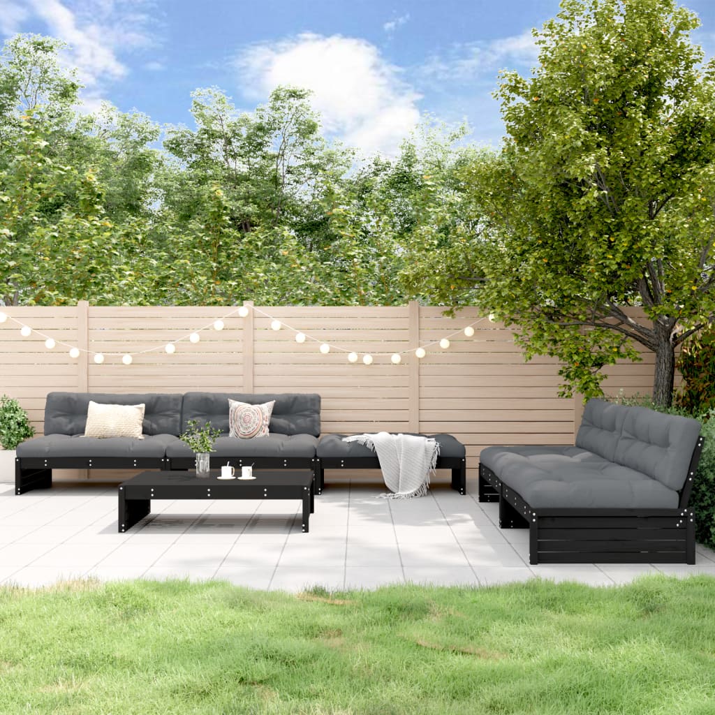 6 Piece Garden Lounge Set with Cushions Black Solid Wood - Newstart Furniture