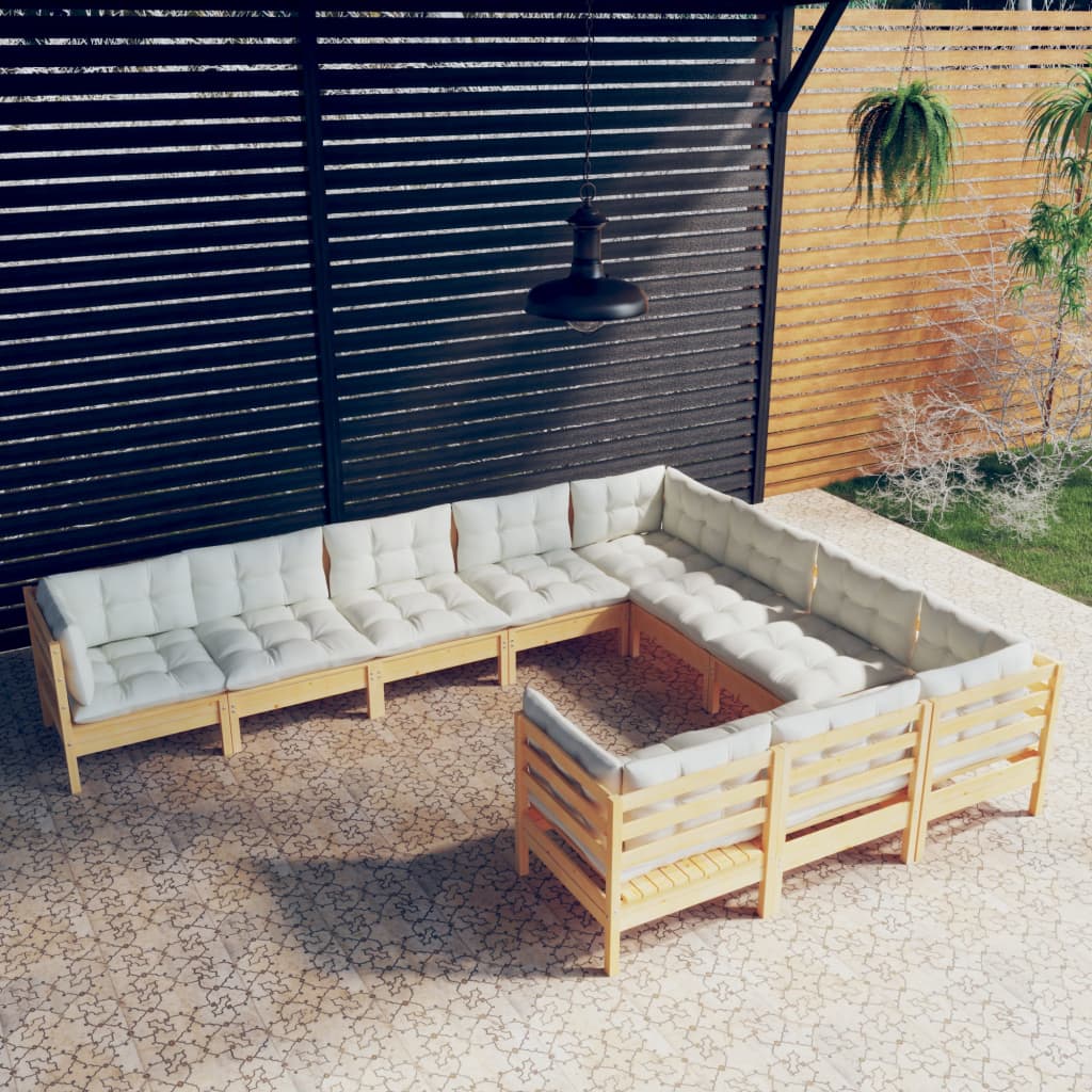 10 Piece Garden Lounge Set with Cream Cushions Pinewood - Newstart Furniture