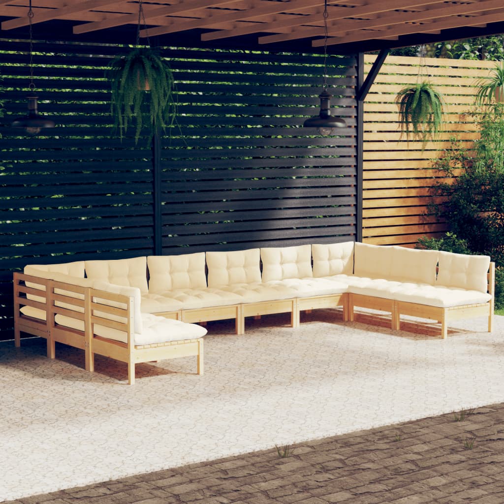 10 Piece Garden Lounge Set with Cream Cushions Solid Pinewood - Newstart Furniture