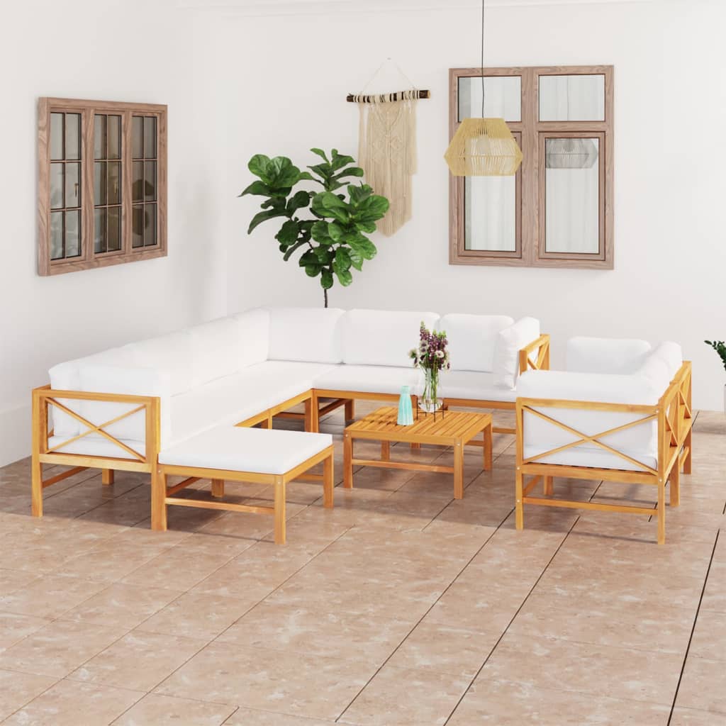 10 Piece Garden Lounge Set with Cream Cushions Solid Teak Wood - Newstart Furniture