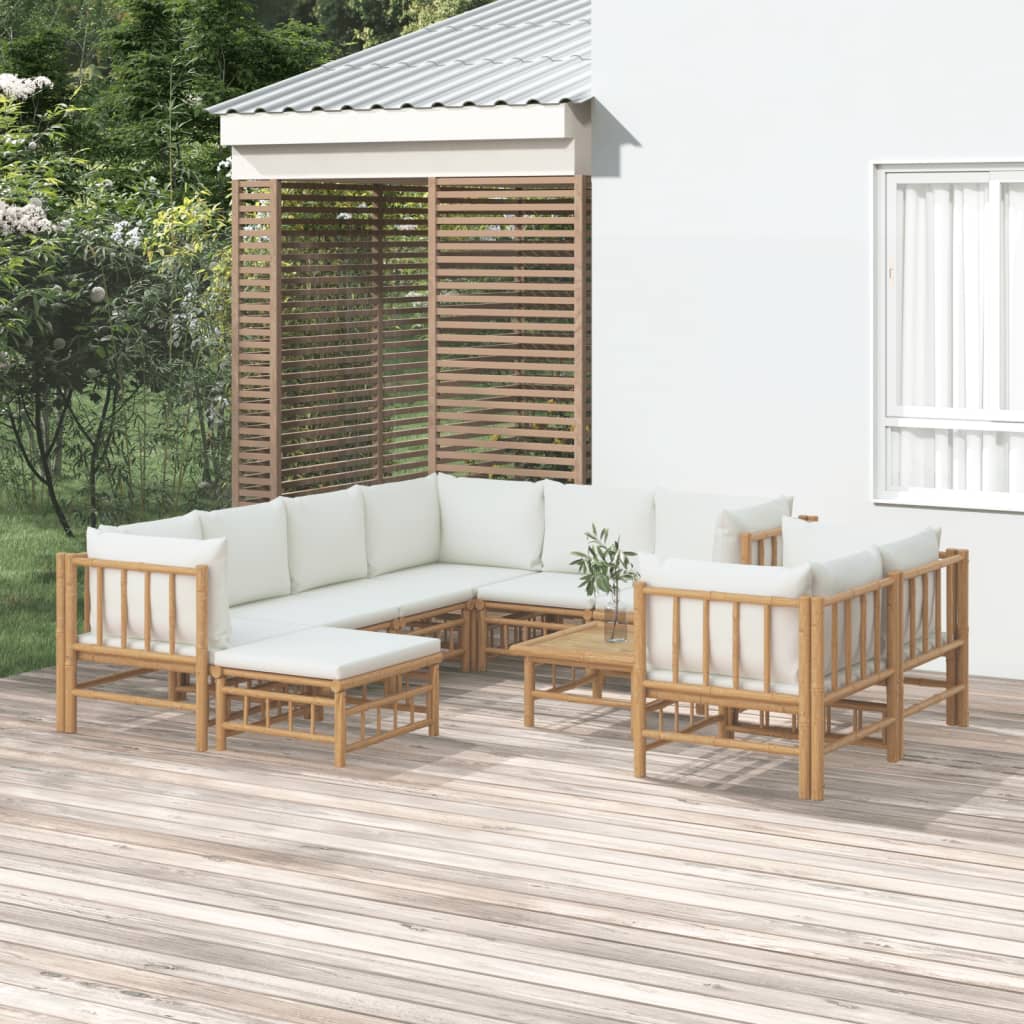 10 Piece Garden Lounge Set with Cream White Cushions Bamboo - Newstart Furniture