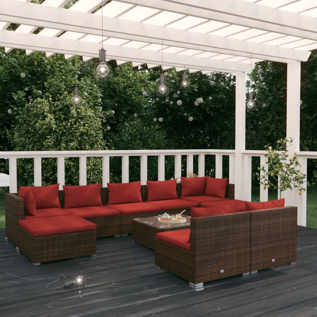 10 Piece Garden Lounge Set with Cushions Brown Poly Rattan - Newstart Furniture