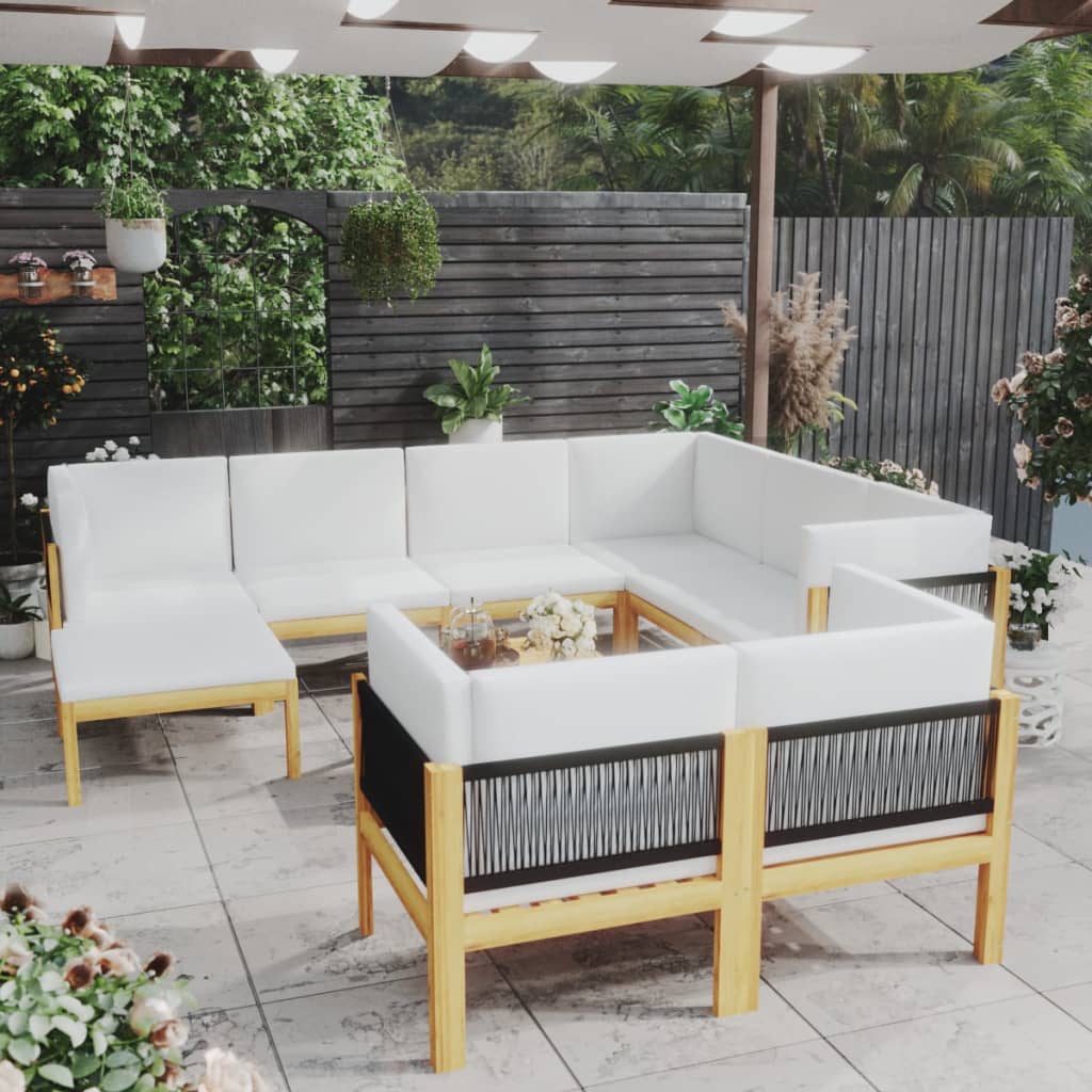 10 Piece Garden Lounge Set with Cushions Cream Solid Acacia Wood - Newstart Furniture