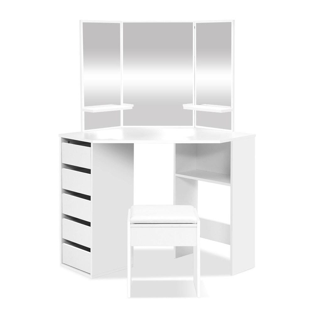 Artiss Corner Dressing Table With Mirror Stool White - Newstart Furniture