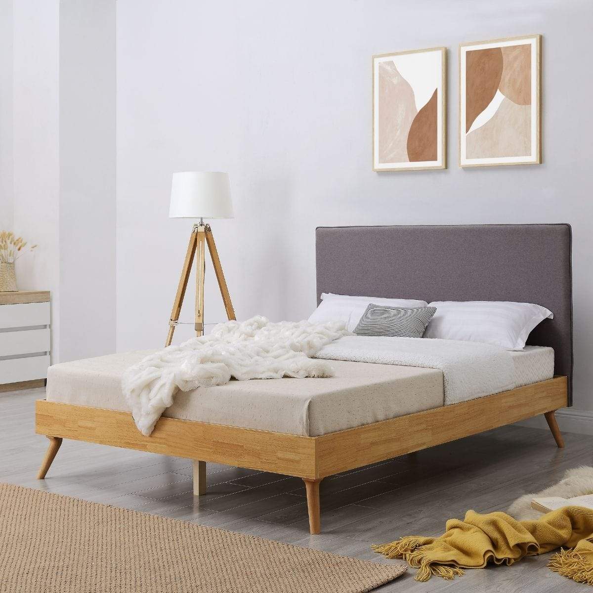 Natural Oak Ensemble Bed Frame Wooden Slat Fabric Headboard Queen - Newstart Furniture