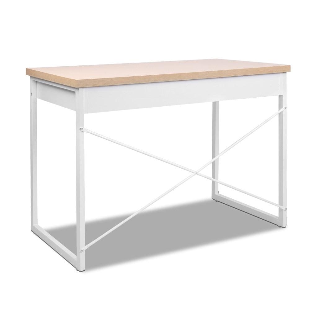 Artiss Metal Desk with Drawer - White with Wooden Top - Newstart Furniture