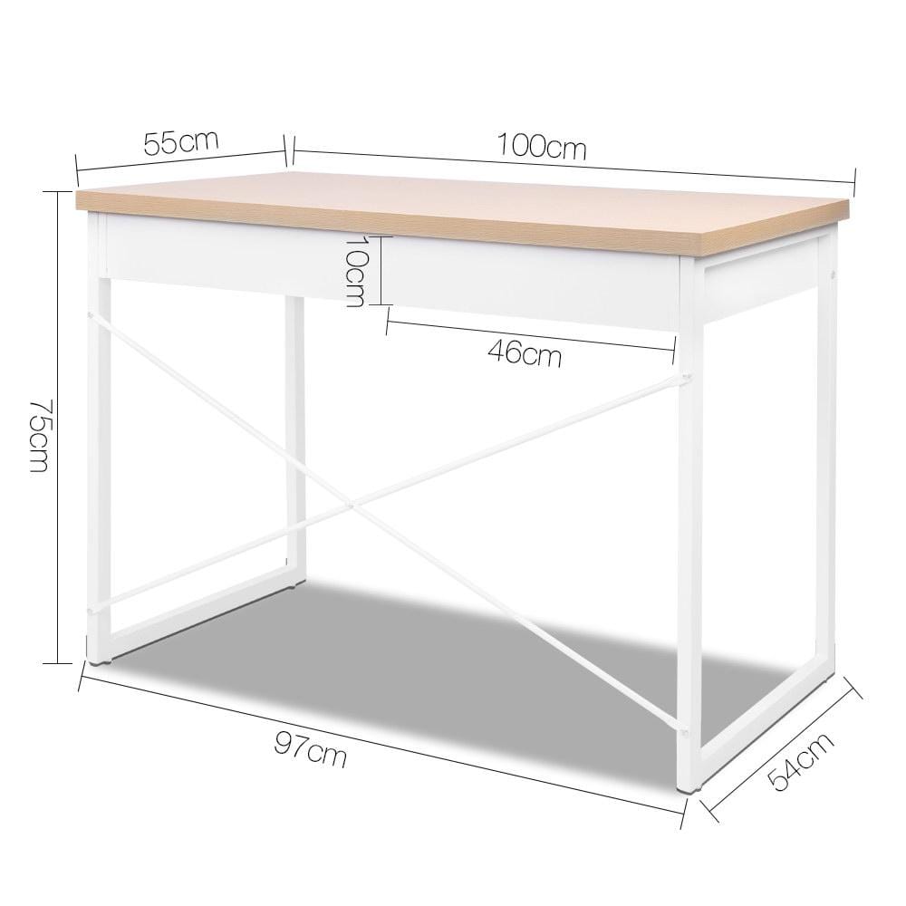 Artiss Metal Desk with Drawer - White with Wooden Top - Newstart Furniture