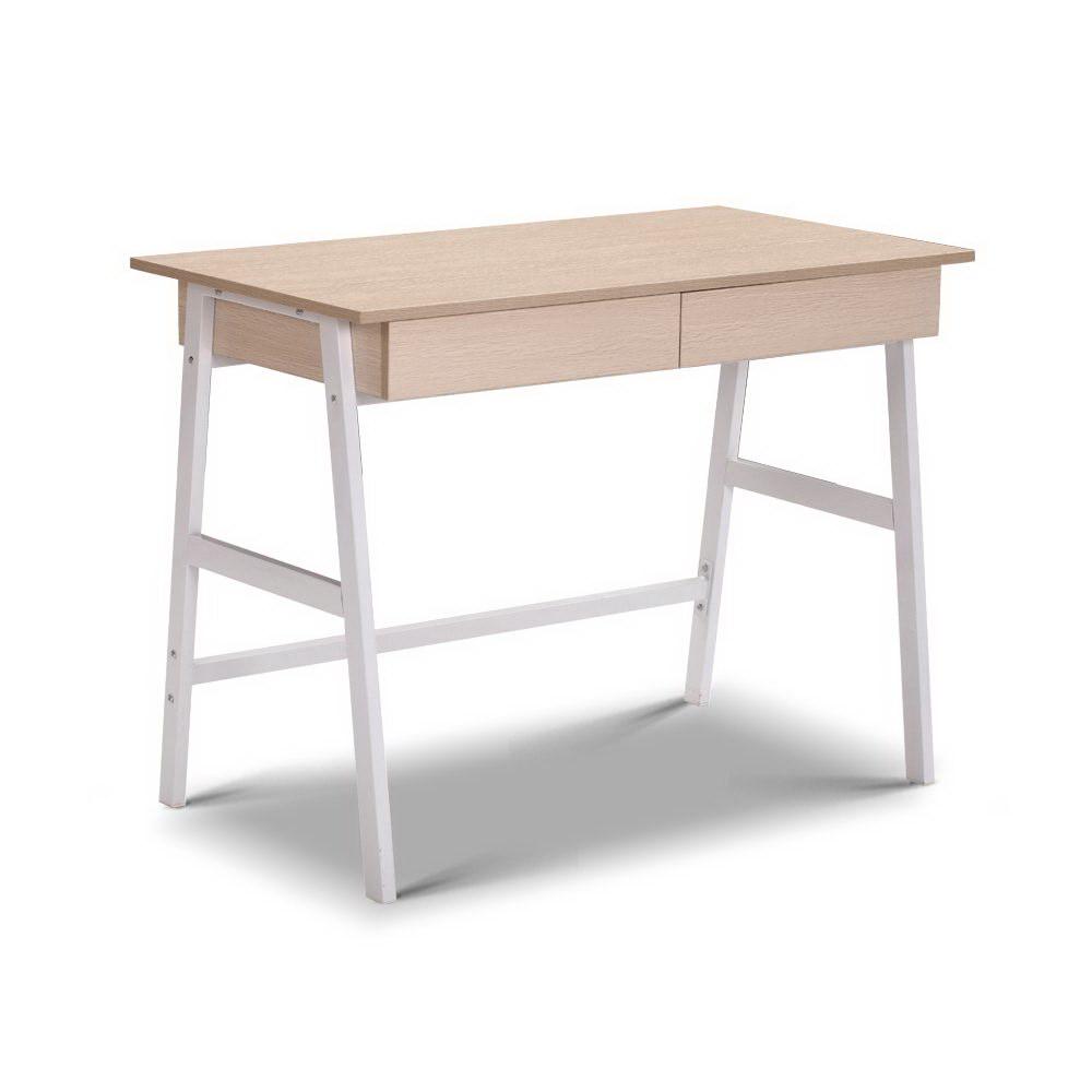Artiss Metal Desk with Drawer - White with Oak Top - Newstart Furniture