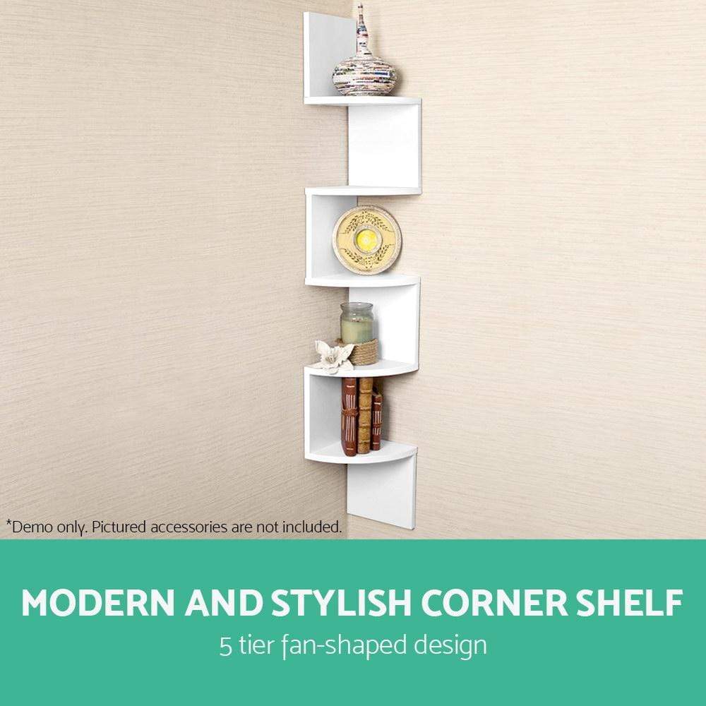 Artiss 5 Tier Corner Wall Shelf - White - Newstart Furniture