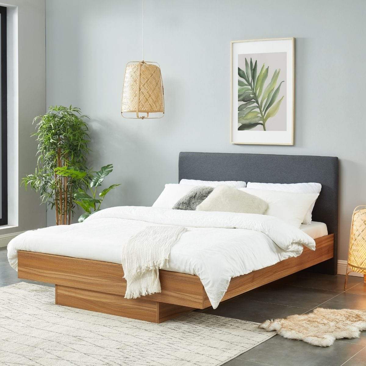 Walnut Oak Wood Floating Bed Frame Queen - Newstart Furniture
