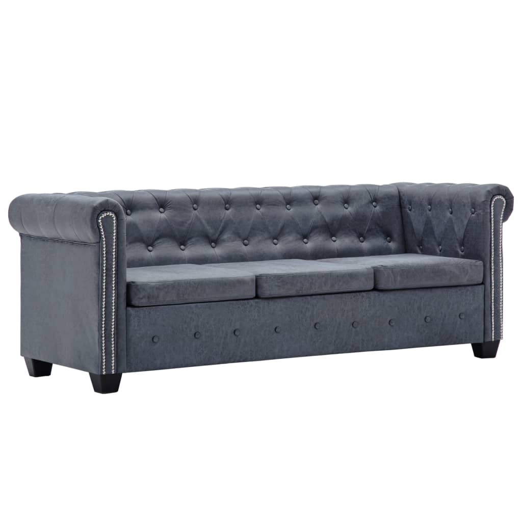 3-Seater Chesterfield Sofa Artificial Suede Leather Grey - Newstart Furniture