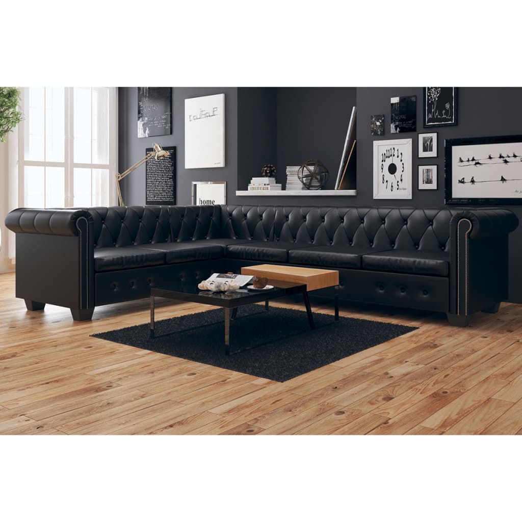 Chesterfield Corner Sofa 6-Seater Artificial Leather Black - Newstart Furniture