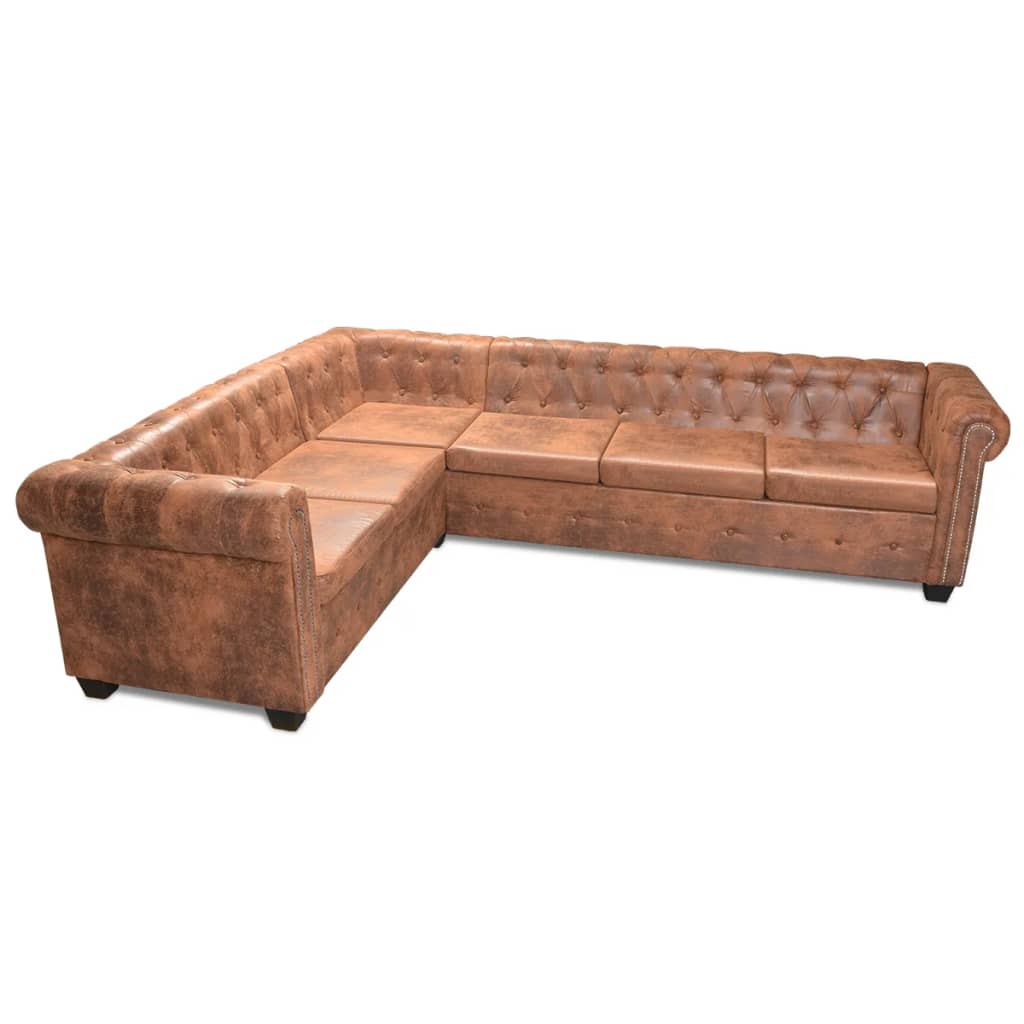 Chesterfield Corner Sofa 6-Seater Artificial Leather Brown - Newstart Furniture