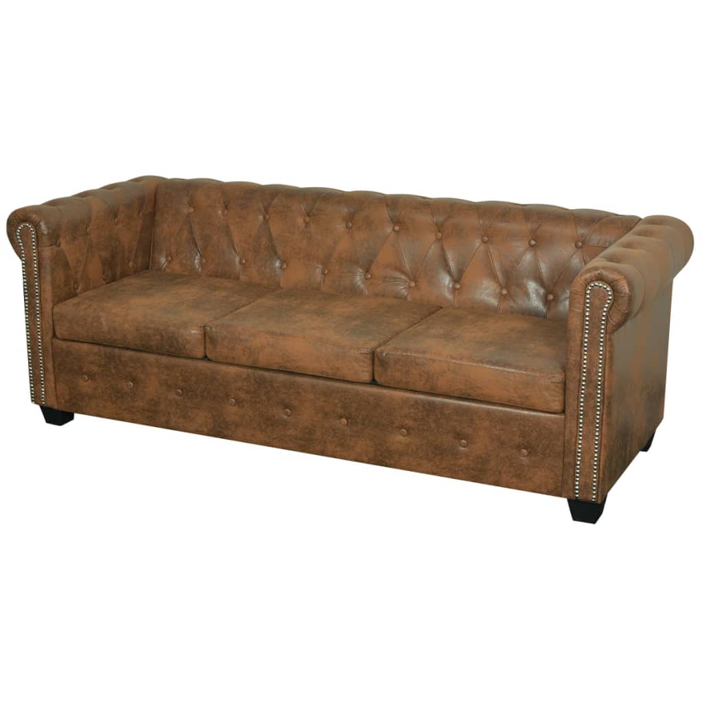 Chesterfield Sofa 3-Seater Artificial Leather Brown - Newstart Furniture