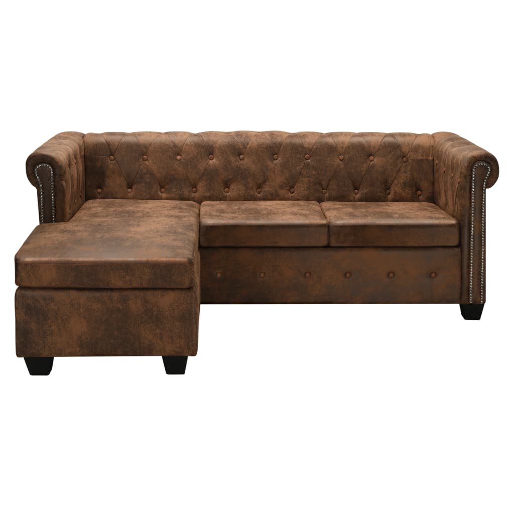 L-shaped Chesterfield Sofa Artificial Suede Leather Brown - Newstart Furniture