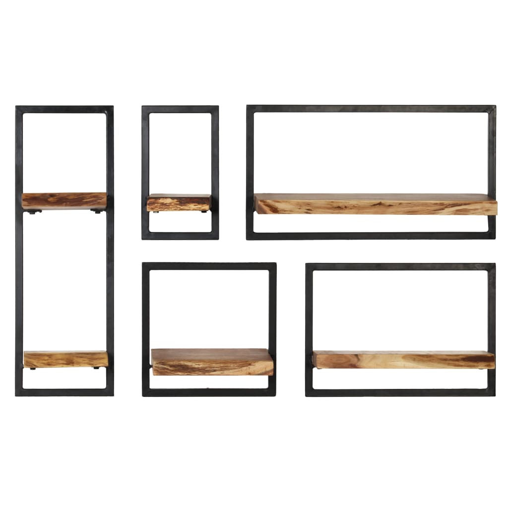 Wall Shelf Set 5 Pieces Solid Acacia Wood and Steel - Newstart Furniture