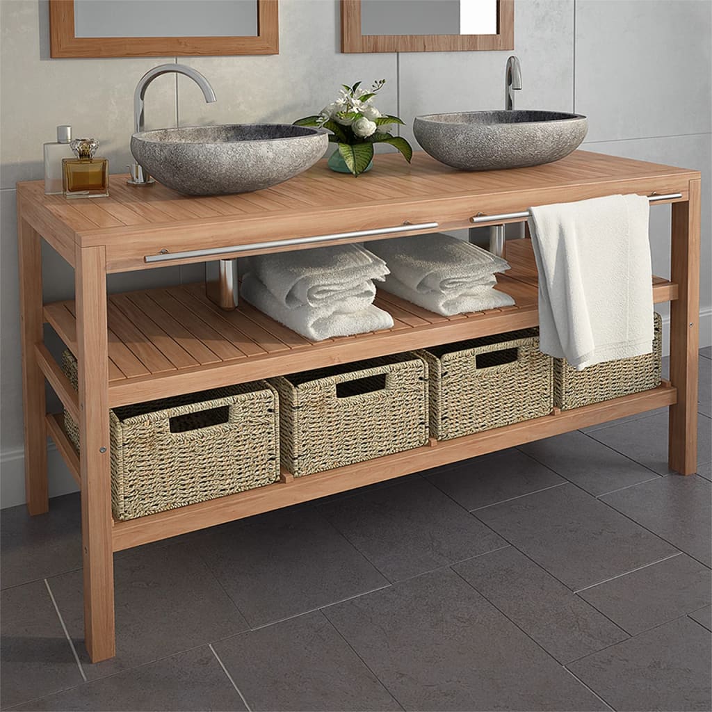 Bathroom Vanity Cabinet with 4 Baskets Solid Teak 132x45x75 cm - Newstart Furniture