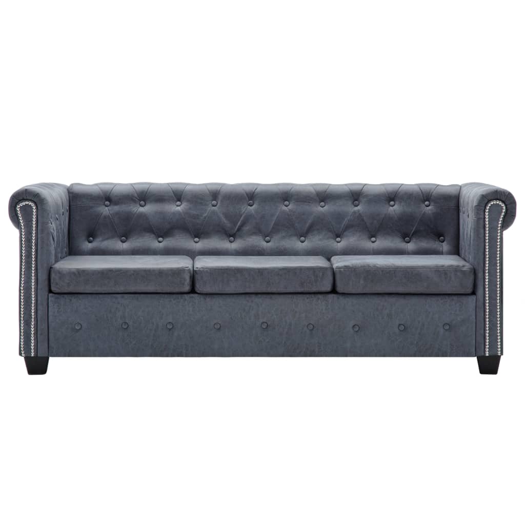Chesterfield Sofa Set Artificial Suede Leather Grey - Newstart Furniture