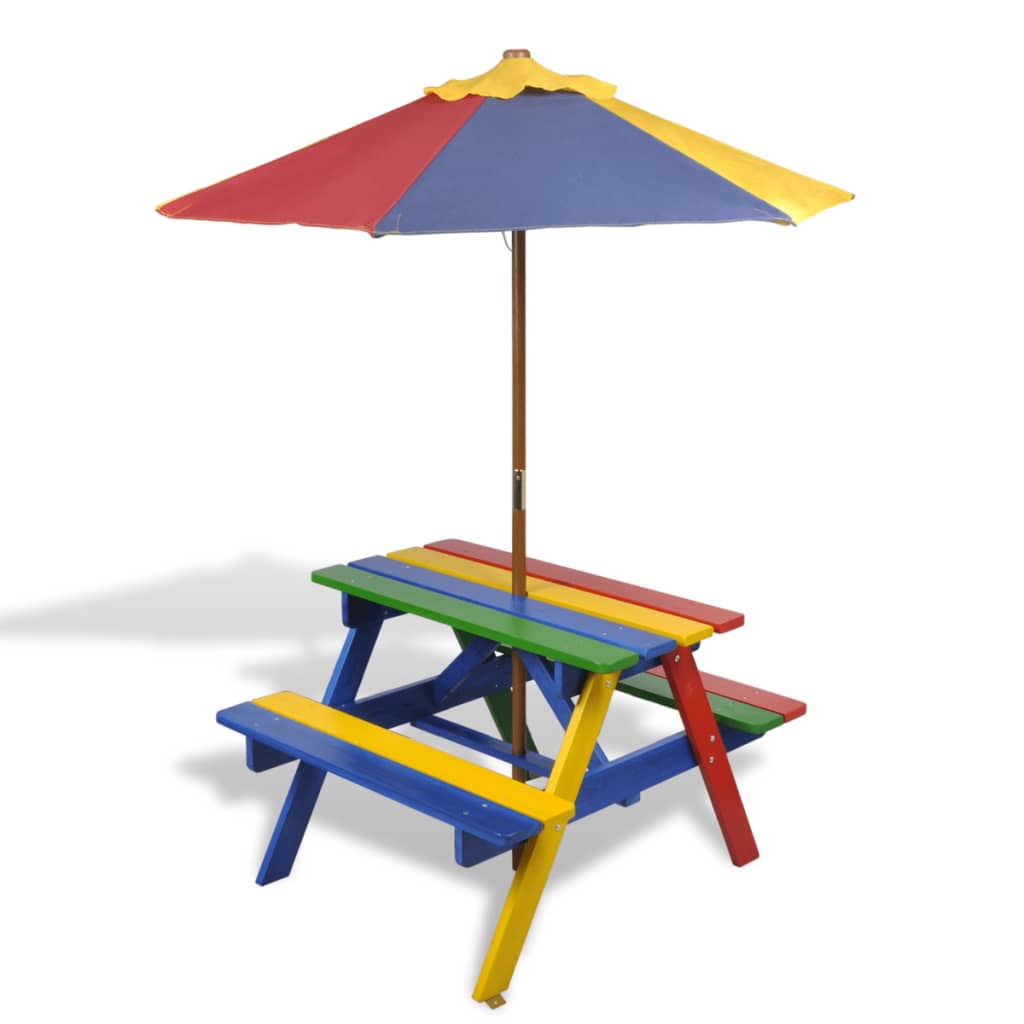 Kids' Picnic Table with Benches and Parasol Multicolour Wood - Newstart Furniture
