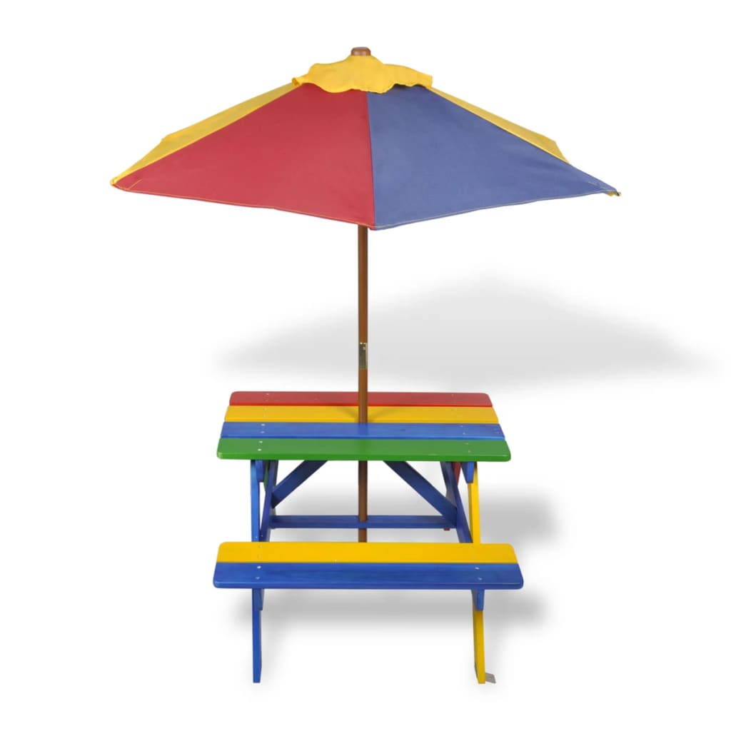 Kids' Picnic Table with Benches and Parasol Multicolour Wood - Newstart Furniture