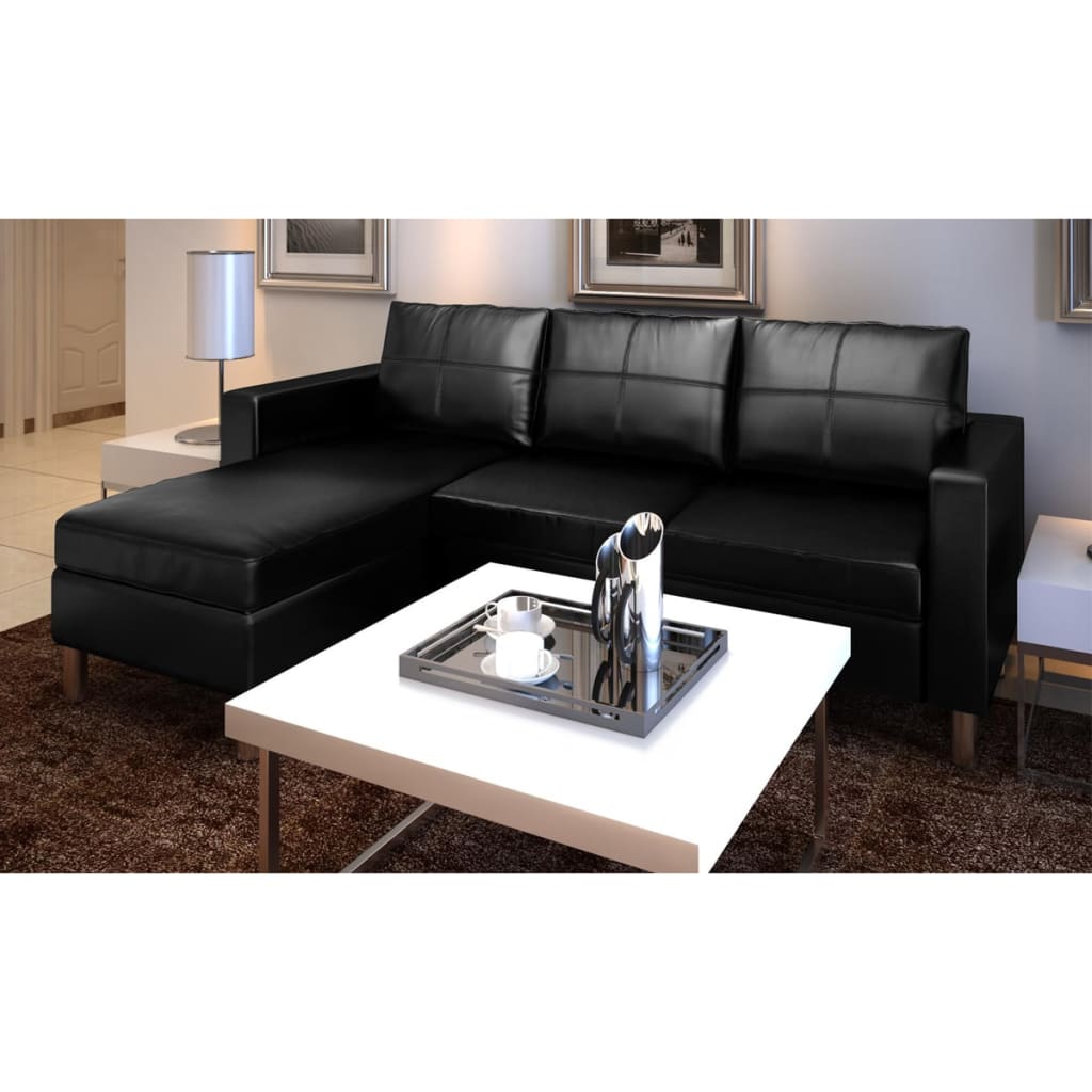 Sectional Sofa 3-Seater Artificial Leather Black - Newstart Furniture
