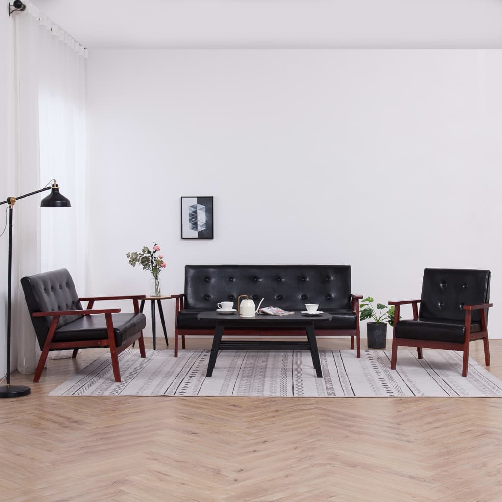 Sofa Set 3 Piece Black Faux Leather - Newstart Furniture