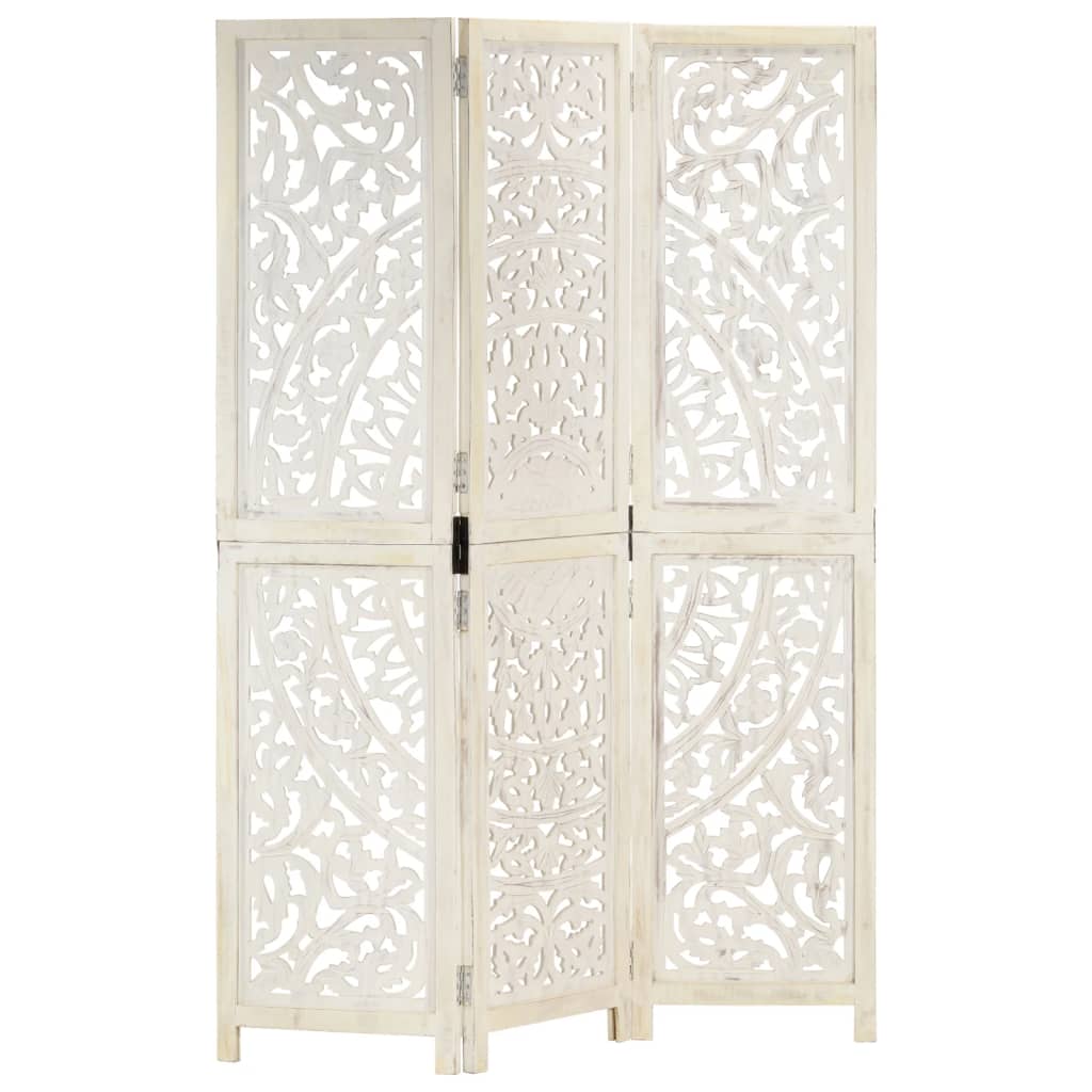 Hand carved 3-Panel Room Divider White 120x165 cm Solid Mango Wood