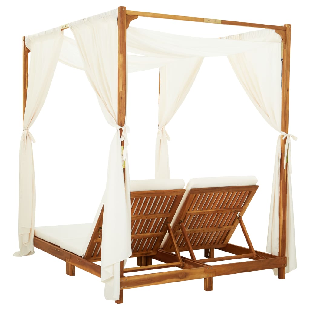 Double Sun Lounger with Curtains & Cushions Solid Acacia Wood - Newstart Furniture