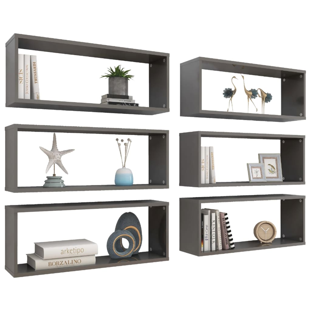 Wall Cube Shelves 6 pcs High Gloss Grey 60x15x23 cm Engineered Wood - Newstart Furniture