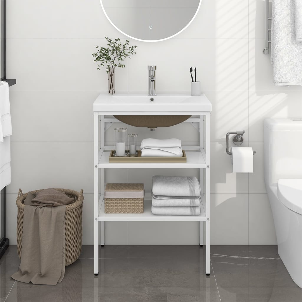 Bathroom Washbasin Frame with Built-in Basin White Iron - Newstart Furniture