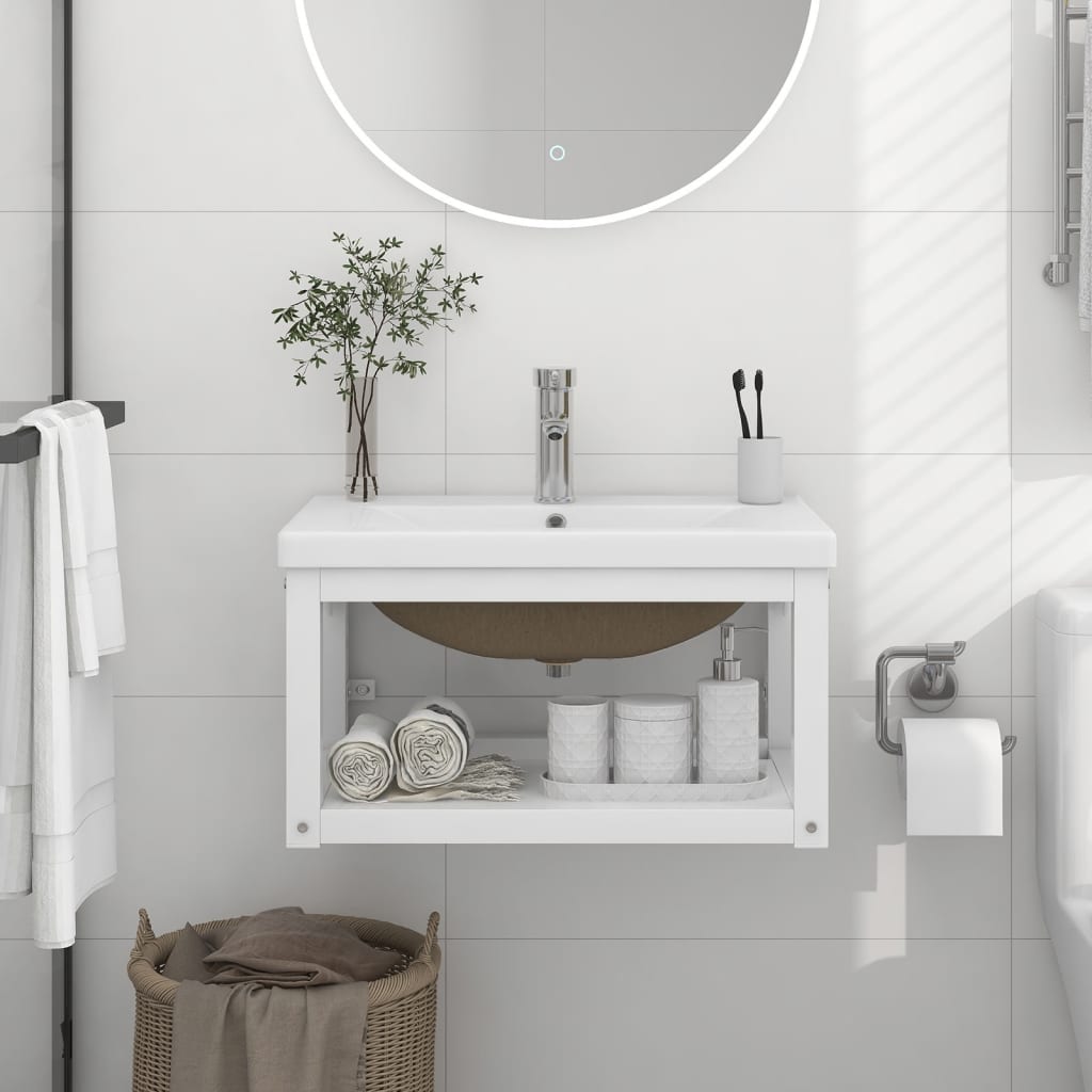 Bathroom Washbasin Frame with Built-in Basin White Iron - Newstart Furniture
