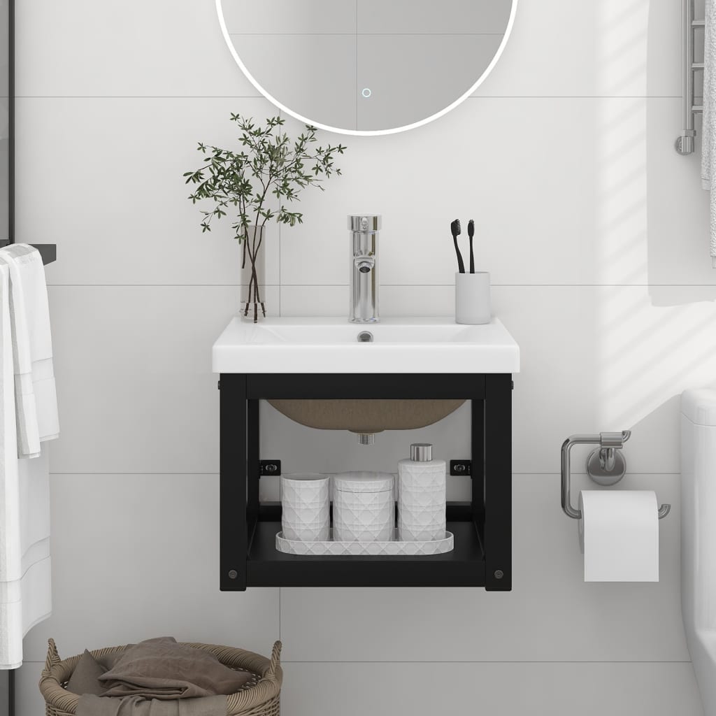 Bathroom Washbasin Frame with Built-in Basin Black Iron - Newstart Furniture