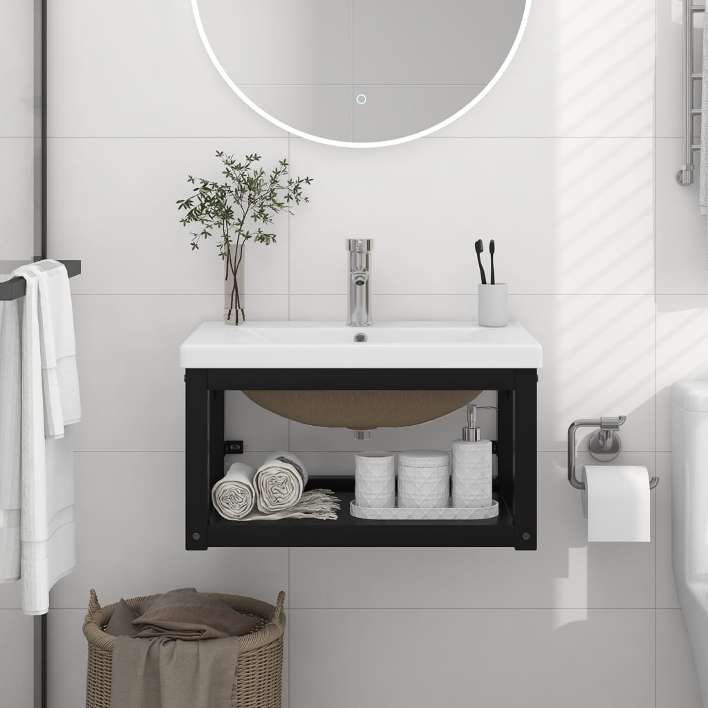 Bathroom Washbasin Frame with Built-in Basin Black Iron - Newstart Furniture