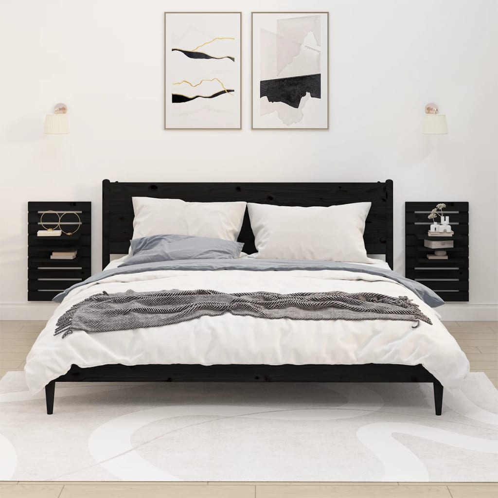 Wall-mounted Bedside Shelves 2 pcs Black Solid Wood Pine - Newstart Furniture
