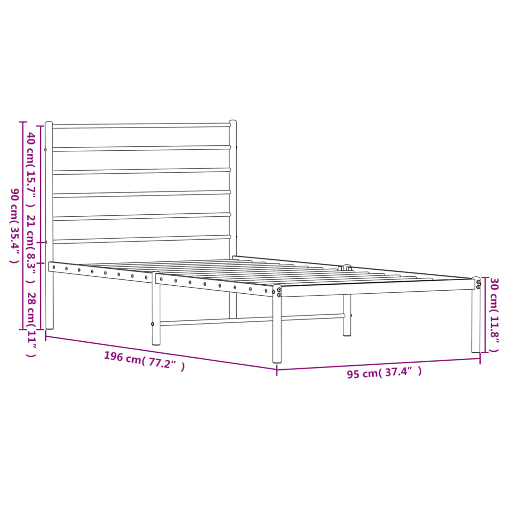 Metal Bed Frame with Headboard White 92x187 cm Single - Newstart Furniture