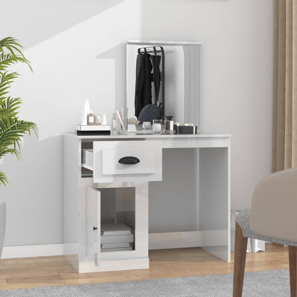 Dressing Table with Mirror High Gloss White 90x50x132.5 cm Engineered Wood - Newstart Furniture