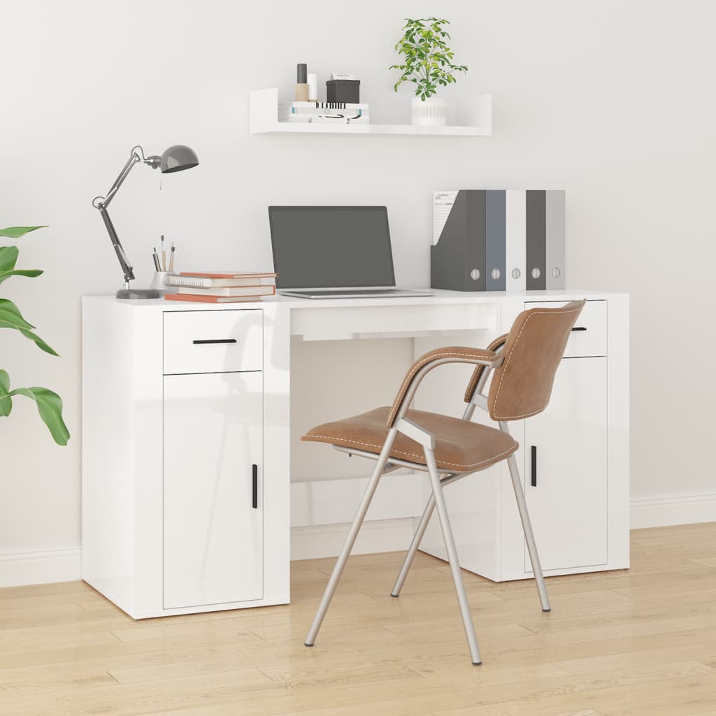 Desk with Cabinet High Gloss White Engineered Wood - Newstart Furniture