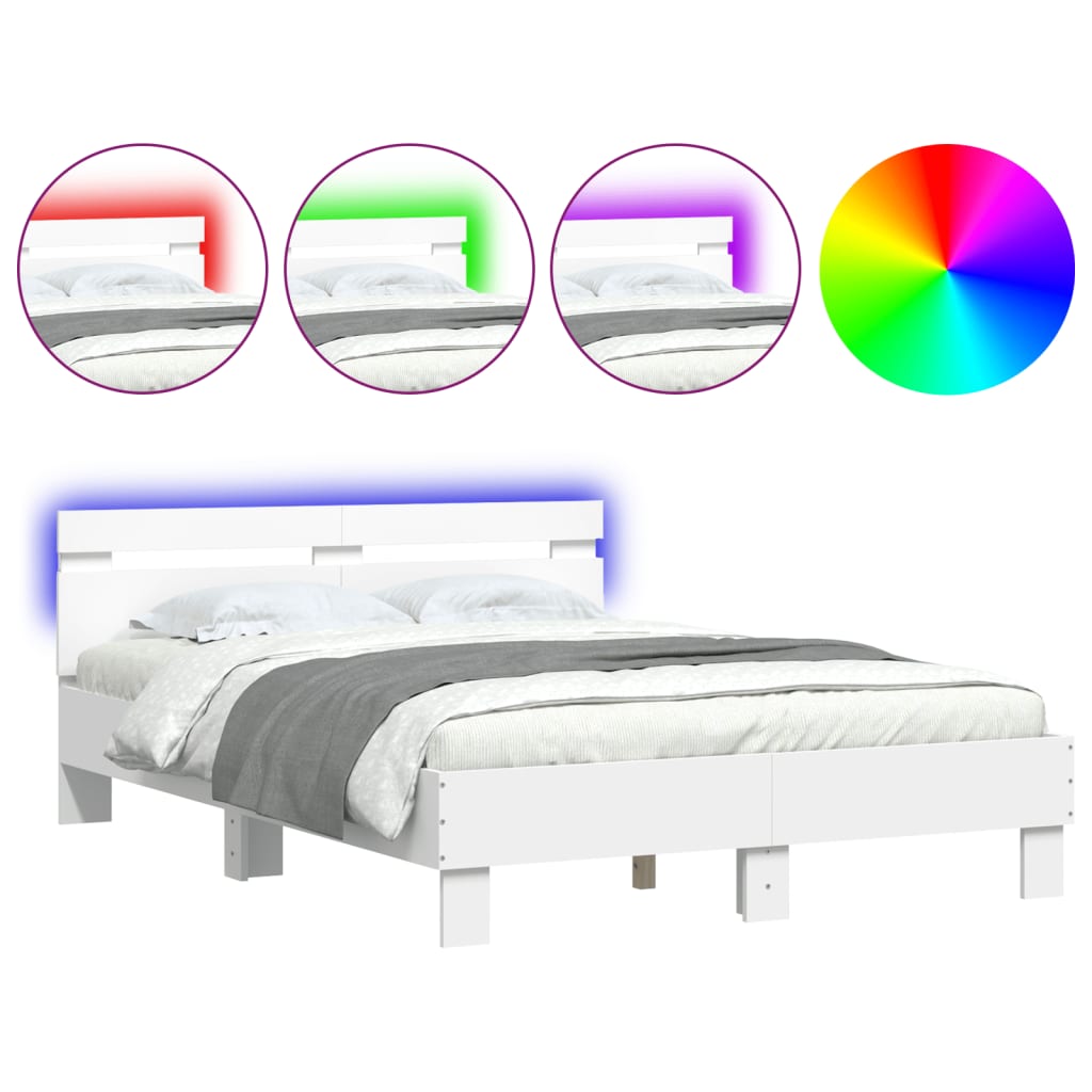 Bed Frame with Headboard and LED White 135x190 cm