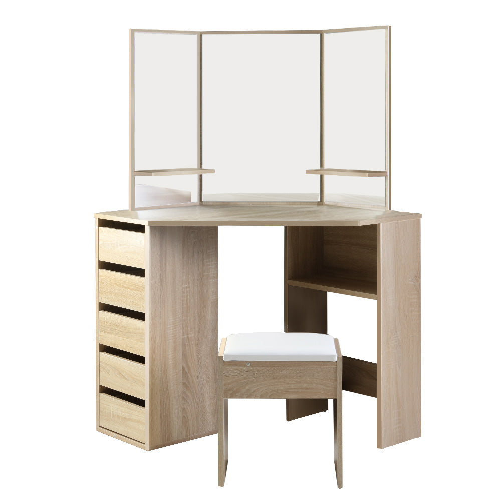 Artiss Corner Dressing Table Mirror Stool Set Makeup Vanity Desk Chair Oak - Newstart Furniture