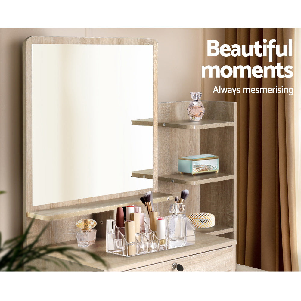 Artiss Dressing Table Mirror Stool Set Vanity Makeup Desk Organizer Drawer Oak - Newstart Furniture