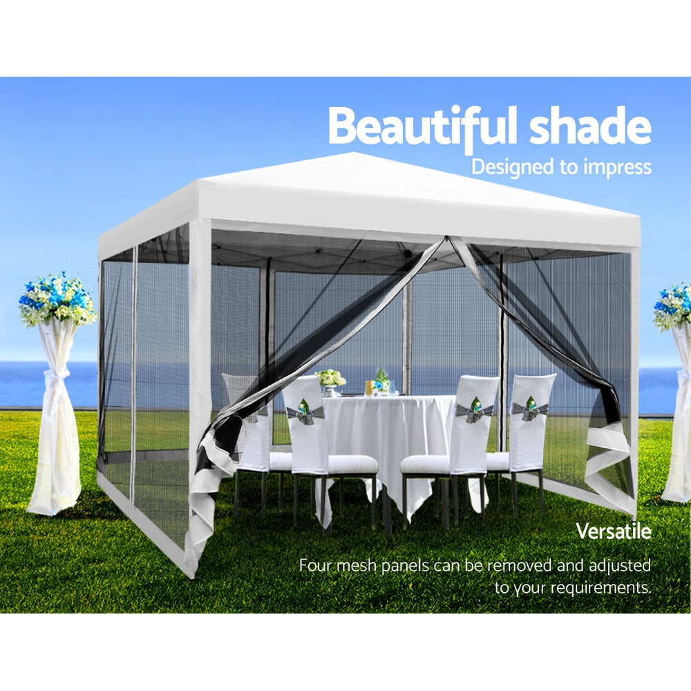 Instahut Gazebo Pop Up Marquee 3x3 Wedding Side Mesh Wall Outdoor Gazebos White - Newstart Furniture