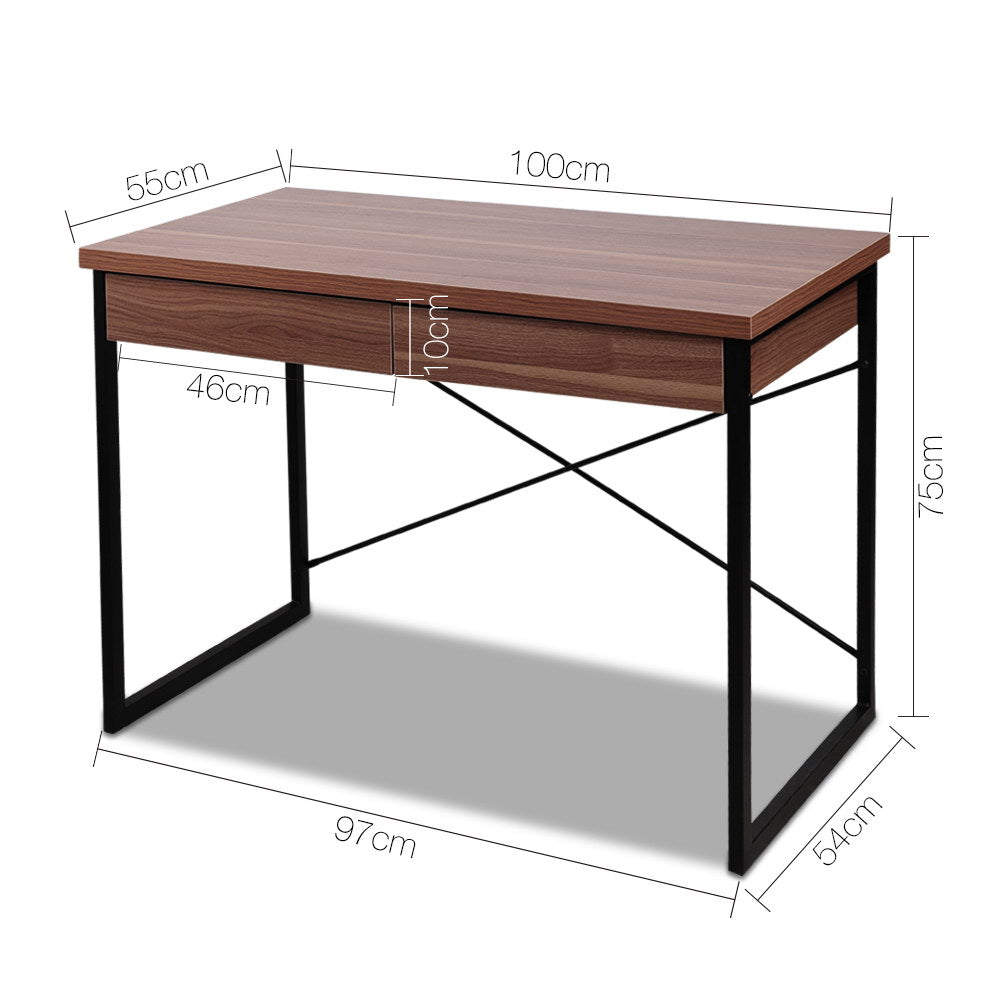 Artiss Metal Desk with Drawer - Walnut - Newstart Furniture
