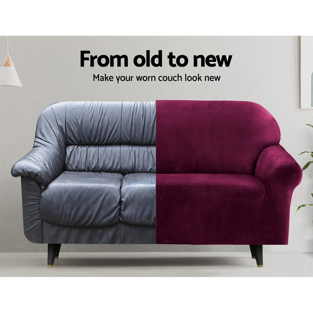 Artiss Velvet Sofa Cover Plush Couch Cover Lounge Slipcover 1 Seater Ruby Red - Newstart Furniture