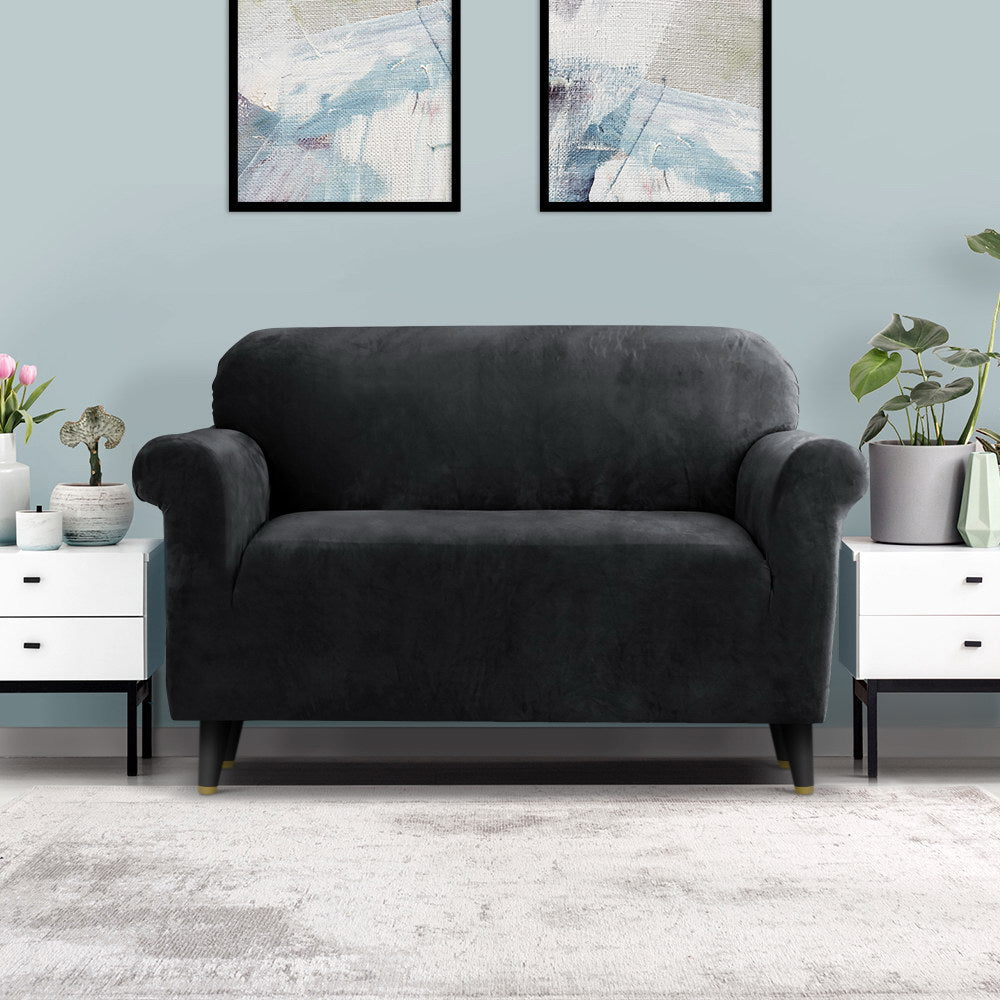 Artiss Velvet Sofa Cover Plush Couch Cover Lounge Slipcover 2 Seater Black - Newstart Furniture