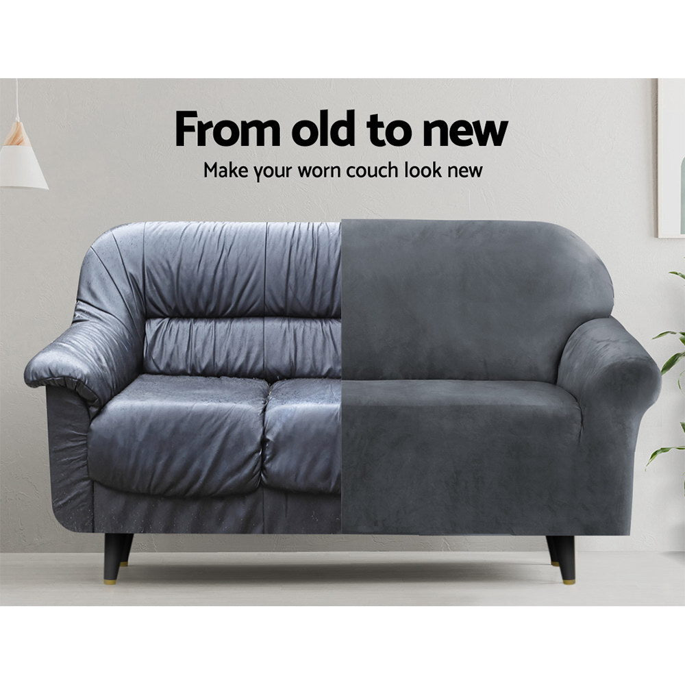 Artiss Velvet Sofa Cover Plush Couch Cover Lounge Slipcover 2 Seater Grey - Newstart Furniture