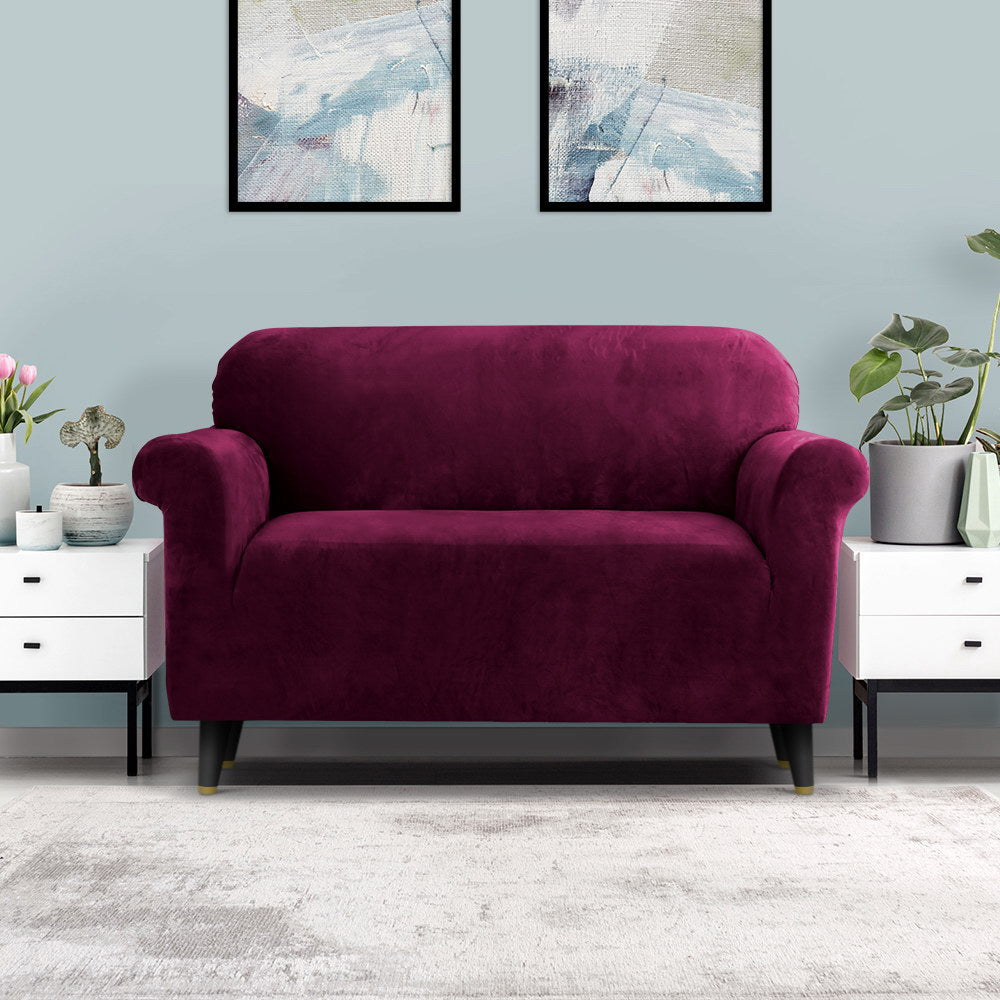 Artiss Velvet Sofa Cover Plush Couch Cover Lounge Slipcover 2 Seater Ruby Red - Newstart Furniture