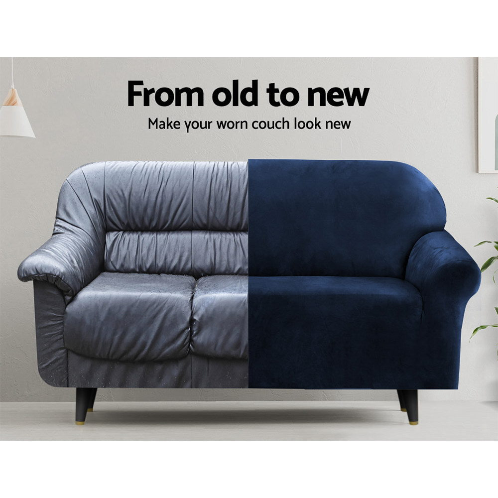 Artiss Velvet Sofa Cover Plush Couch Cover Lounge Slipcover 2 Seater Sapphire - Newstart Furniture