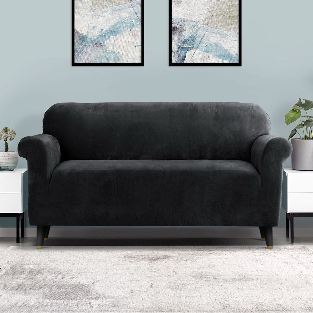 Artiss Velvet Sofa Cover Plush Couch Cover Lounge Slipcover 3 Seater Black - Newstart Furniture