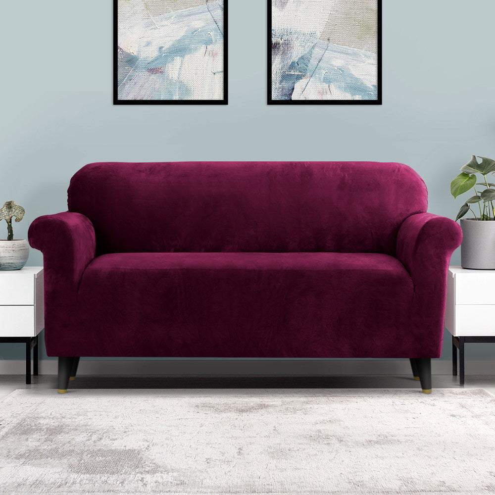 Artiss Velvet Sofa Cover Plush Couch Cover Lounge Slipcover 3 Seater Ruby Red - Newstart Furniture